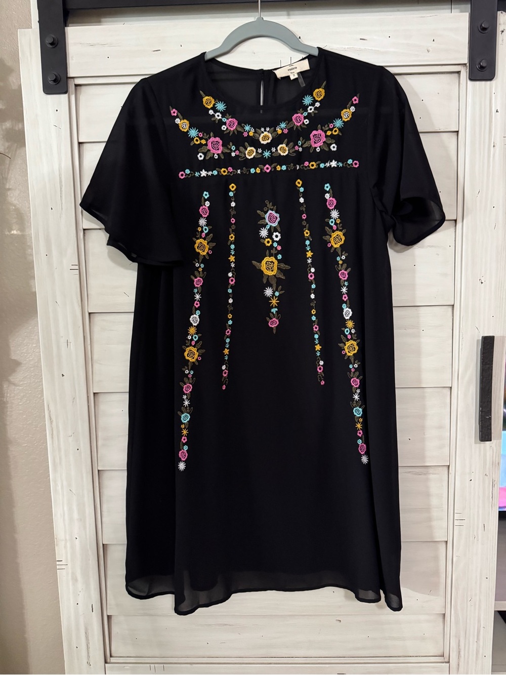 entro Black Dress with Pink, Yellow & Teal Floral Embroidery